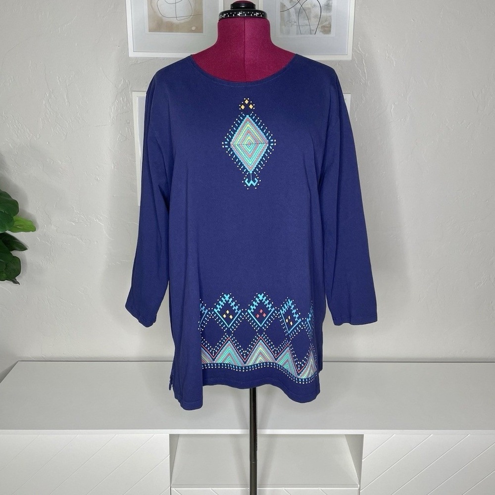 Sabaku Artwear Tunic Top Womens 1X Purple Southwestern Geometric Long Sleeve USA